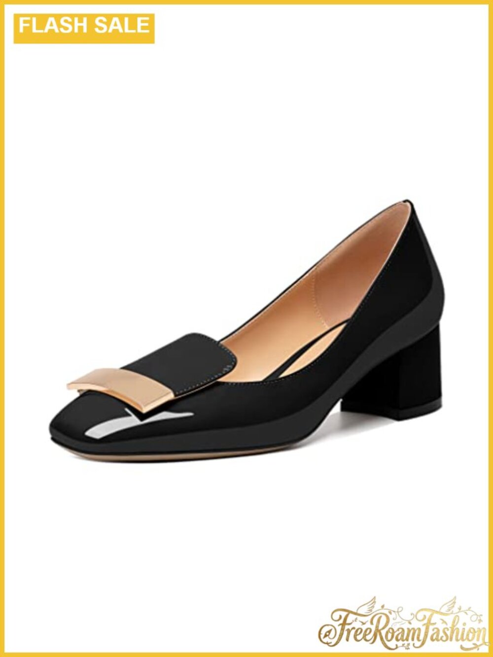 Patent Leather Square Toe Low Chunky Heel Slip On Pumps